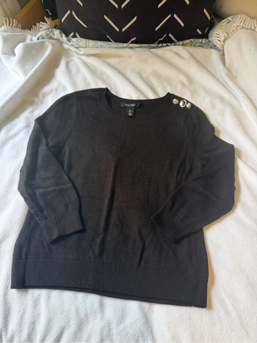 White House Black Market Black Crewneck Sweater with Decorative Shoulder Buttons